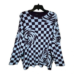 I Saw It First Checkerboard Swirl‎ Sweater Womens Medium Purple Blue Oversized